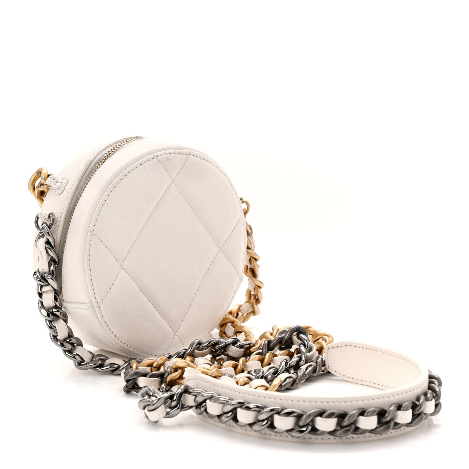 Chanel Shiny Goatskin Quilted Chanel 19 Round Clutch With Chain White