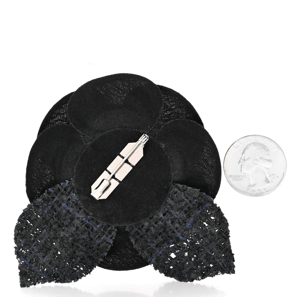 Chanel Tweed Fabric Camellia Pin Brooch Navy Blue Black