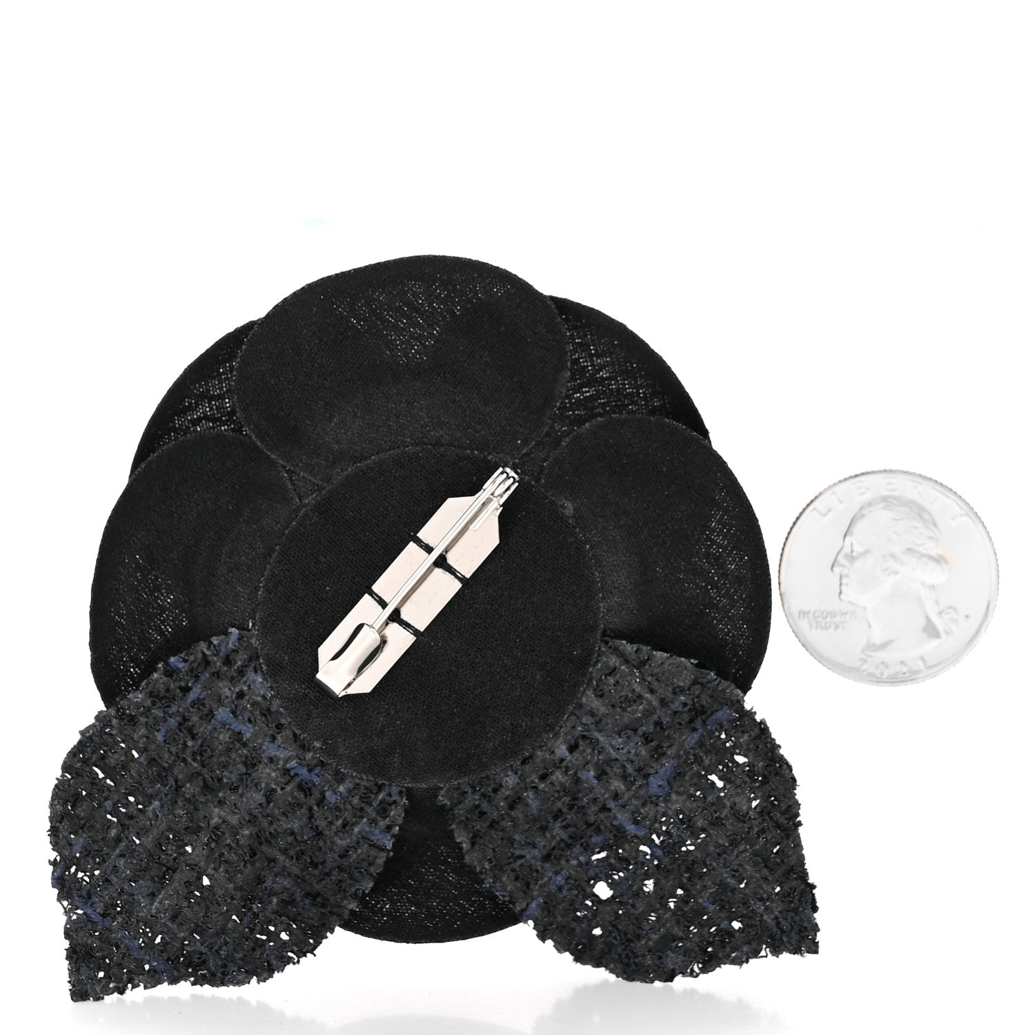Chanel Tweed Fabric Camellia Pin Brooch Navy Blue Black