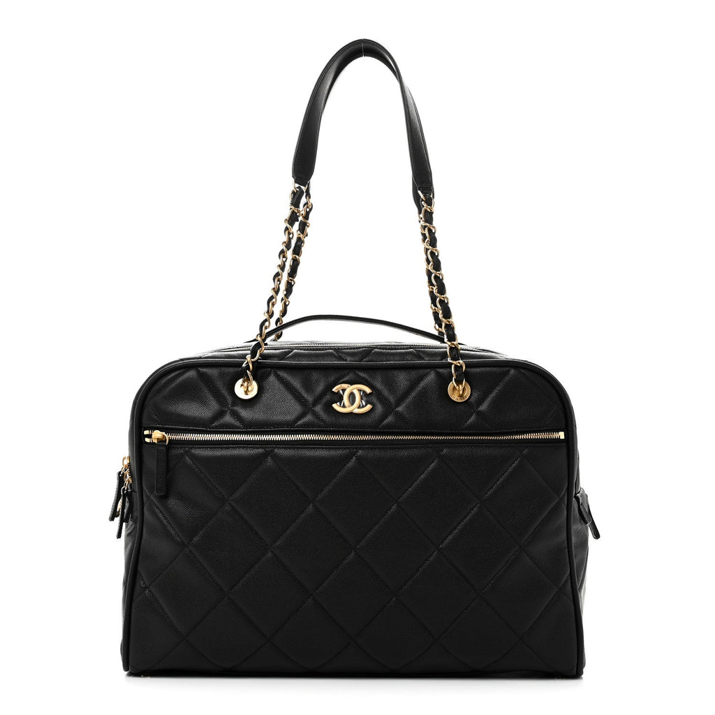 Chanel Shiny Grained Calfskin Quilted Travel Bowling Bag Black