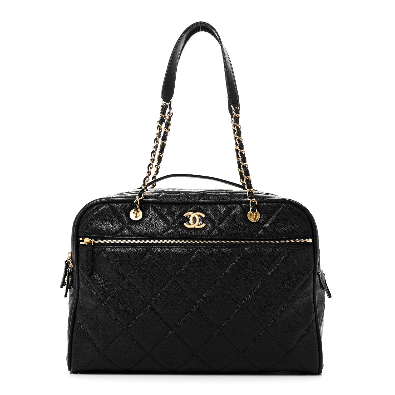 Chanel Shiny Grained Calfskin Quilted Travel Bowling Bag Black