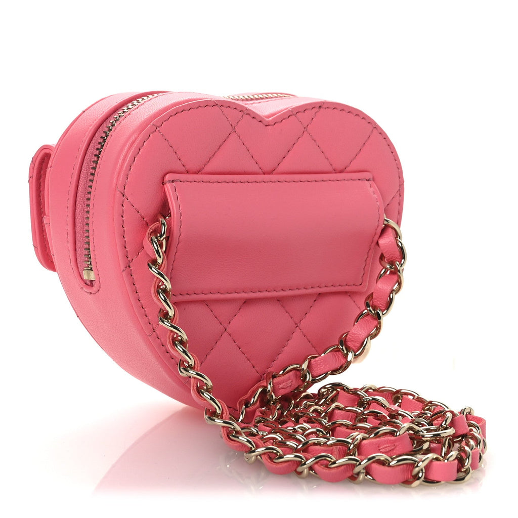 Chanel Lambskin Quilted CC In Love Heart Waist Belt Bag With Chain Pink