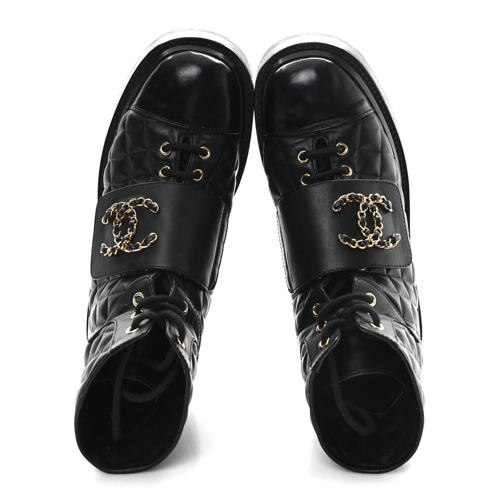 Chanel Shiny Calfskin Quilted Lace Up Combat Boots 38.5 Black