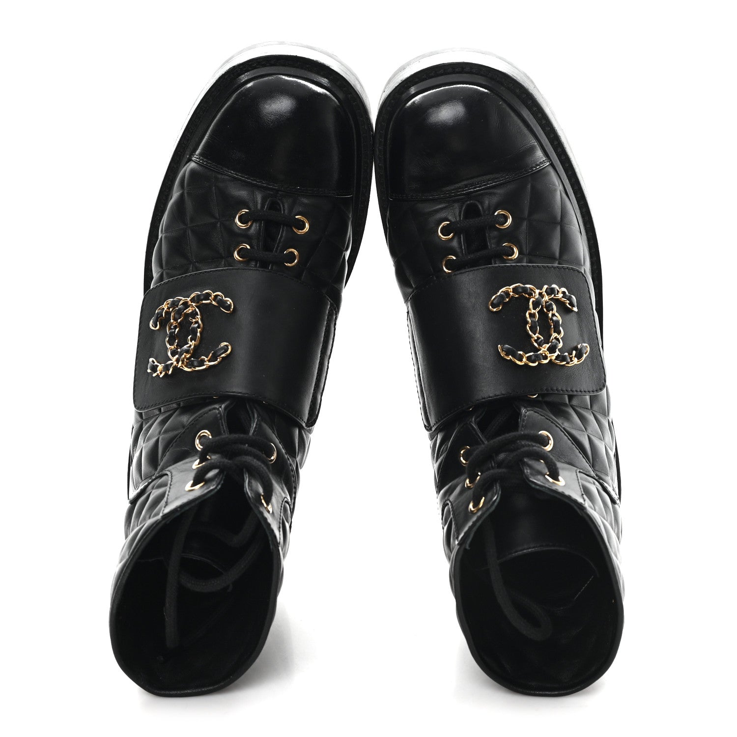 Chanel Shiny Calfskin Quilted Lace Up Combat Boots 38.5 Black