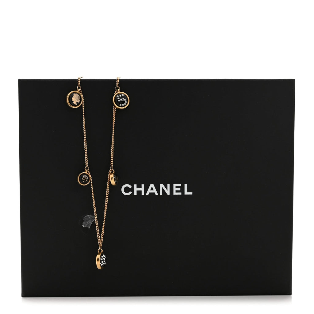 Chanel Metal Resin Enamel Crystal CC Long Necklace Gold Black
