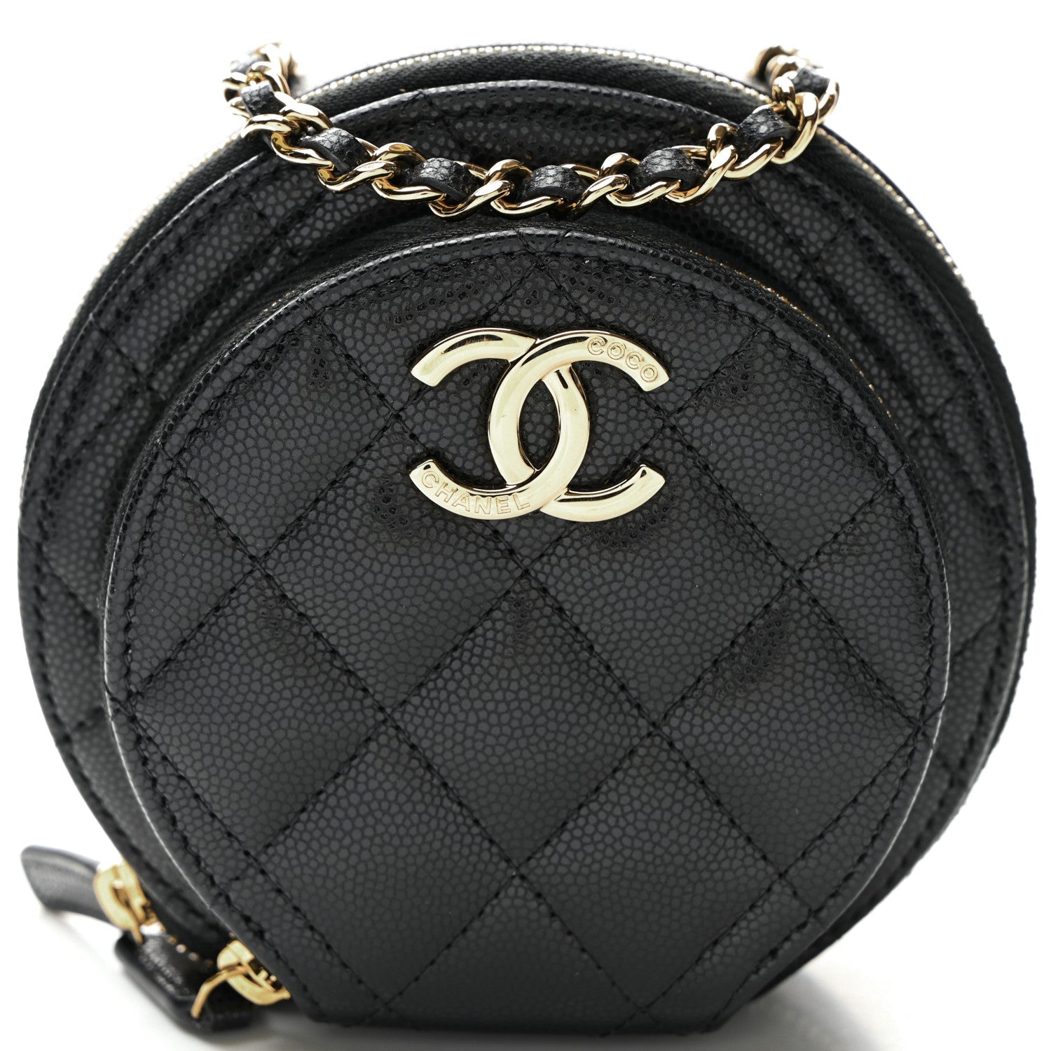 Chanel Caviar Quilted Round Coco Clutch With Chain Black