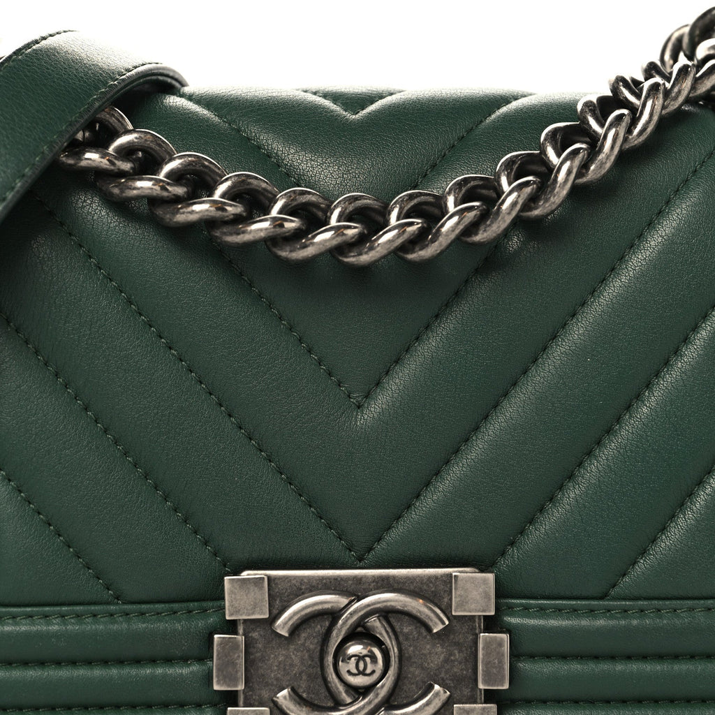 Chanel Calfskin Chevron Quilted Small Boy Flap Green