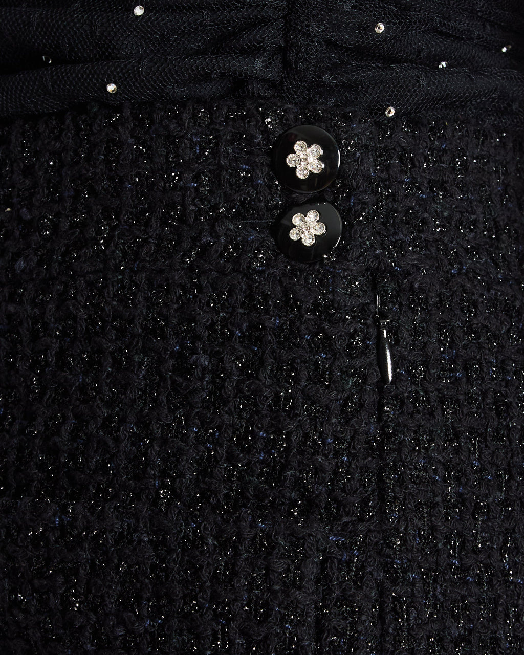 Chanel Black Tweed Shimmery Bermuda Shorts with Silver Flower Crystal Buttons Size FR 34 (UK 6)
