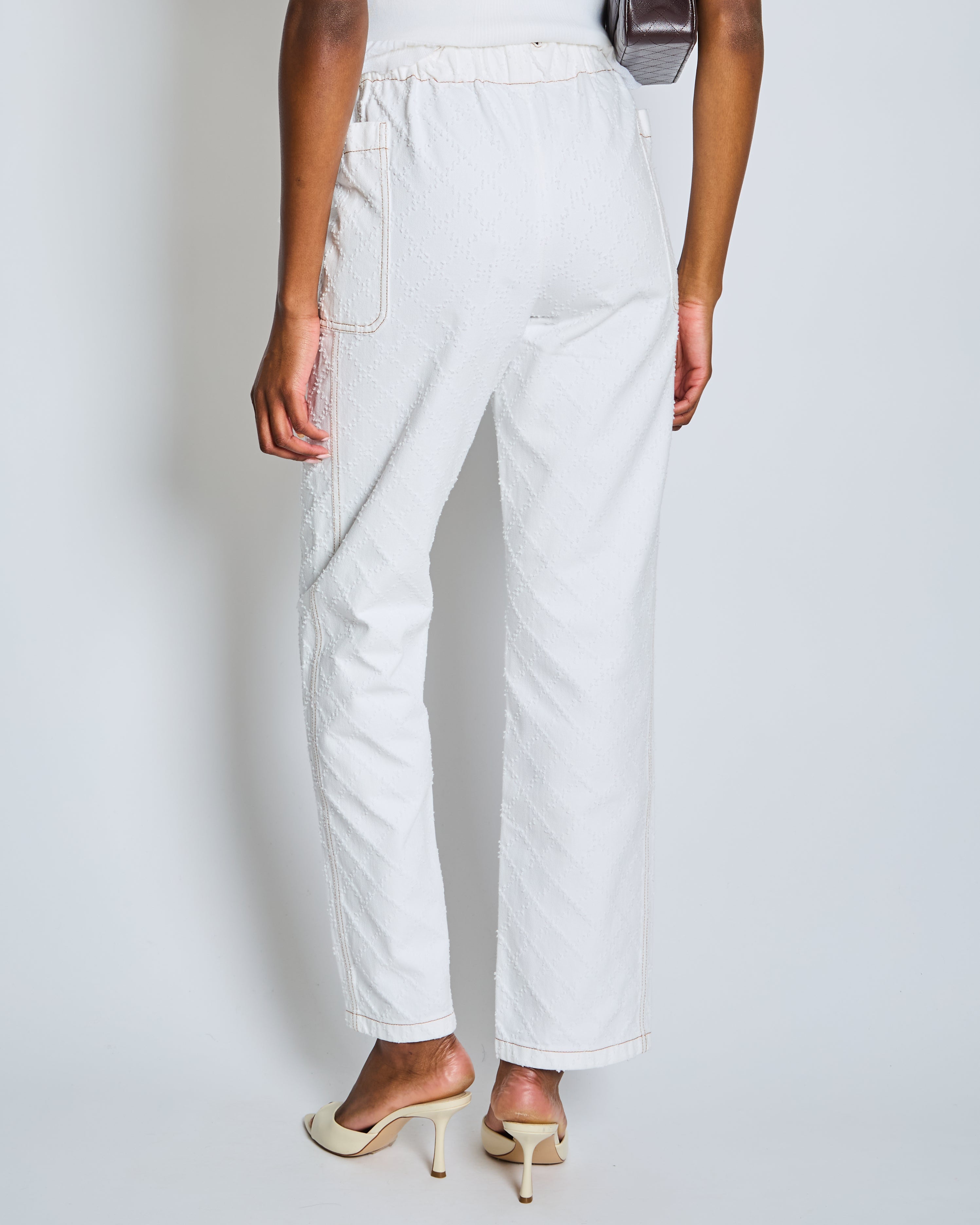 Chanel White Quilted Straight Leg Jeans with Brown Accents and Waist Ties and 31 Rue Cambon CC Logo Detail Size FR 34 (UK 6)