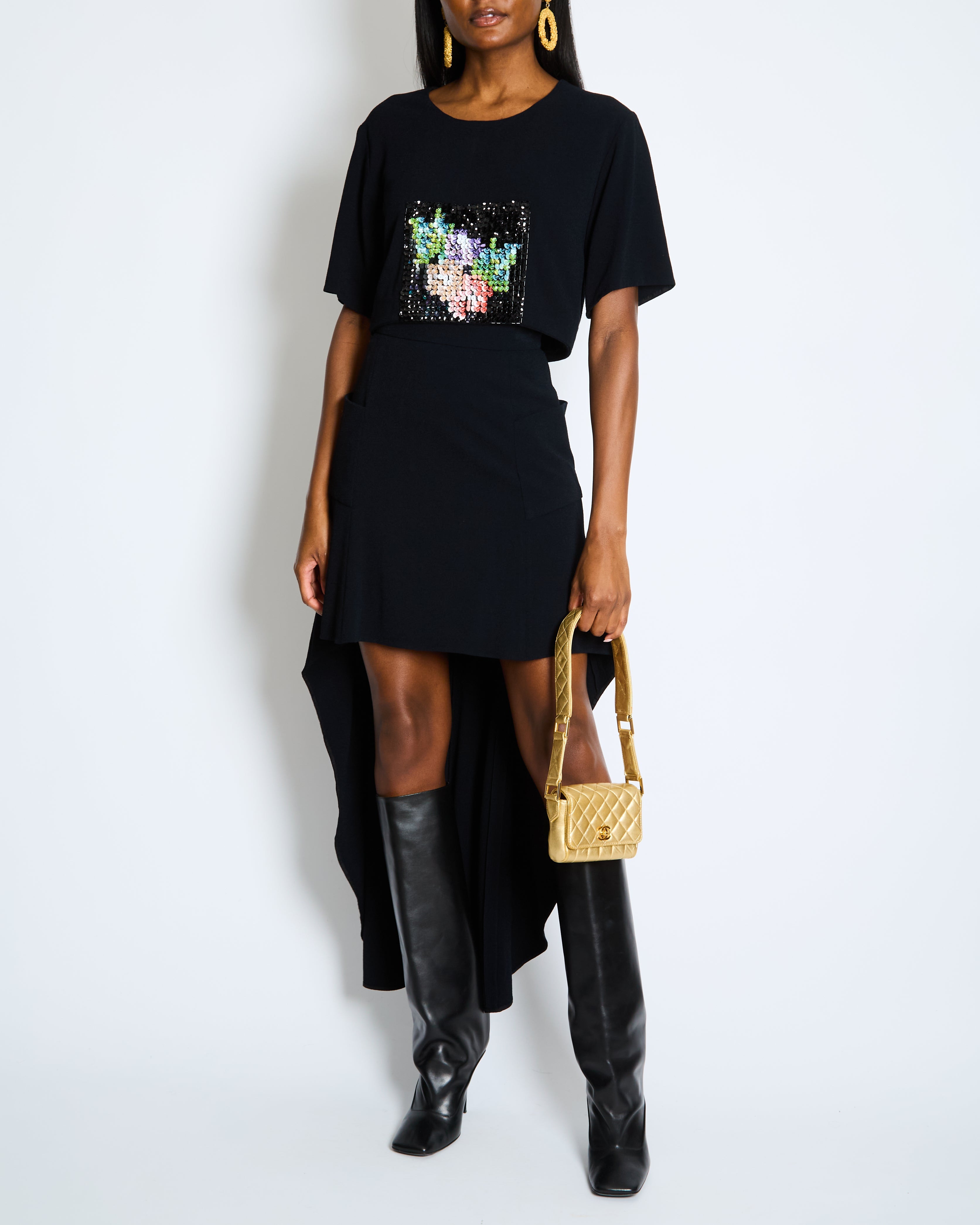 Chanel Métiers d'Art 2023 Black Cropped Top with Multi-Colour Sequin Patch Detail and Back Gold CC Logo Buttons Size FR 34 (UK 6)