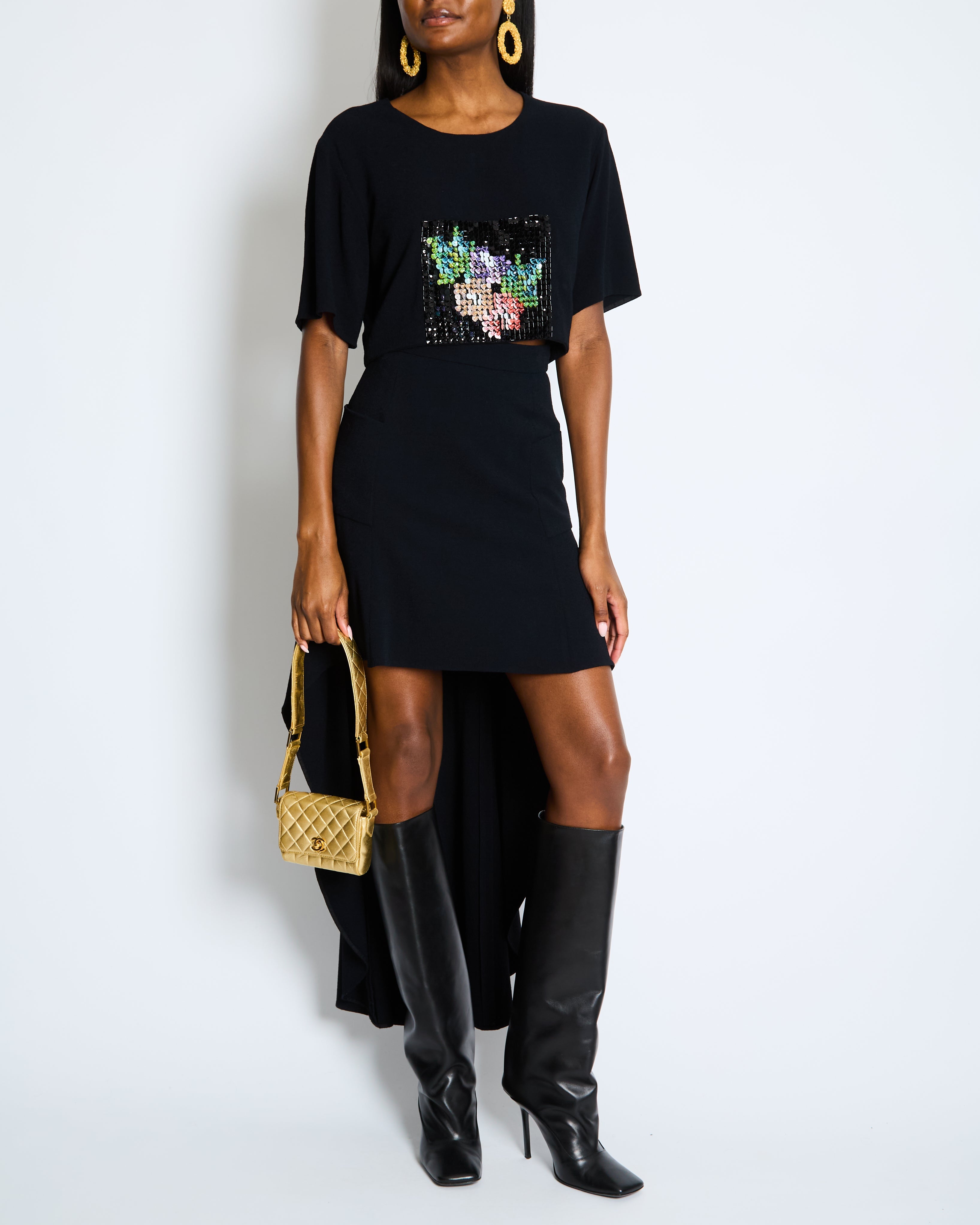 Chanel Métiers d'Art 2023 Black Cropped Top with Multi-Colour Sequin Patch Detail and Back Gold CC Logo Buttons Size FR 34 (UK 6)
