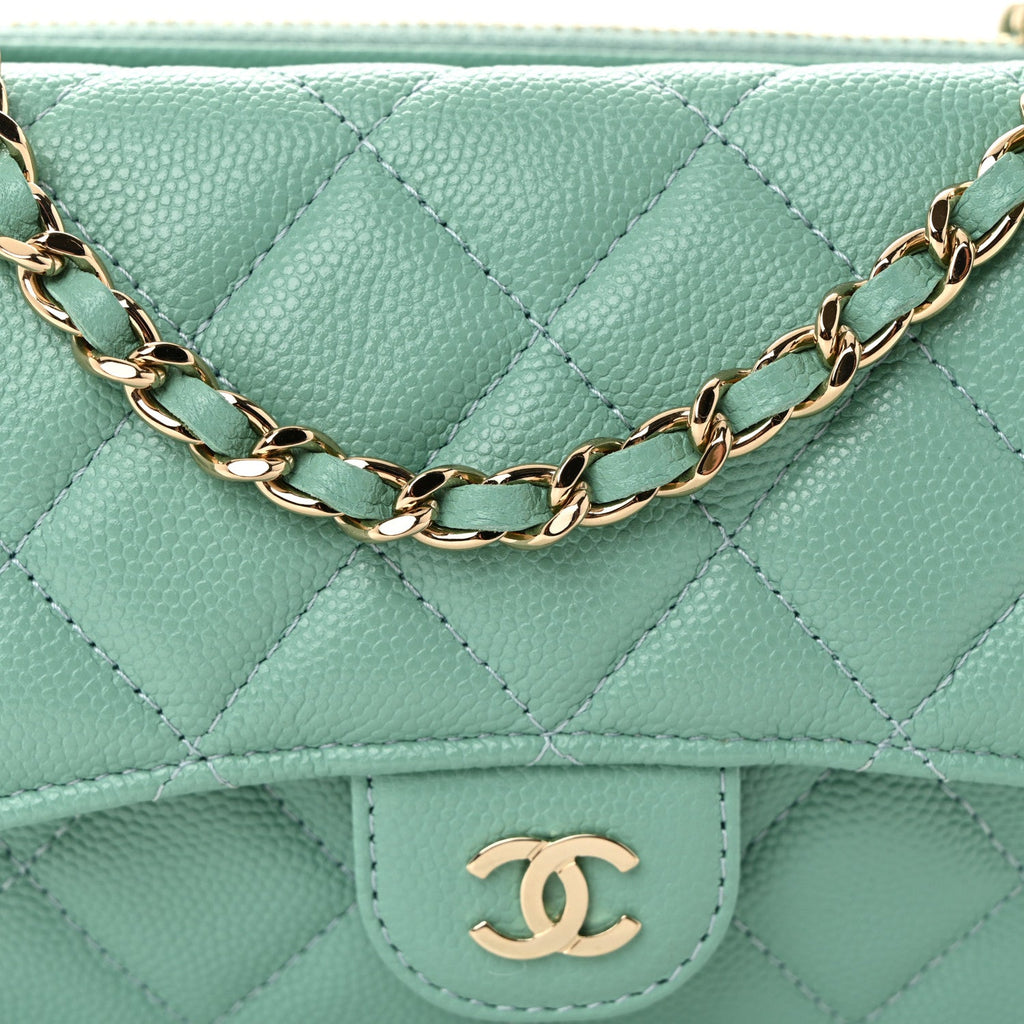 Chanel Caviar Quilted Flap Phone Holder With Chain Turquoise