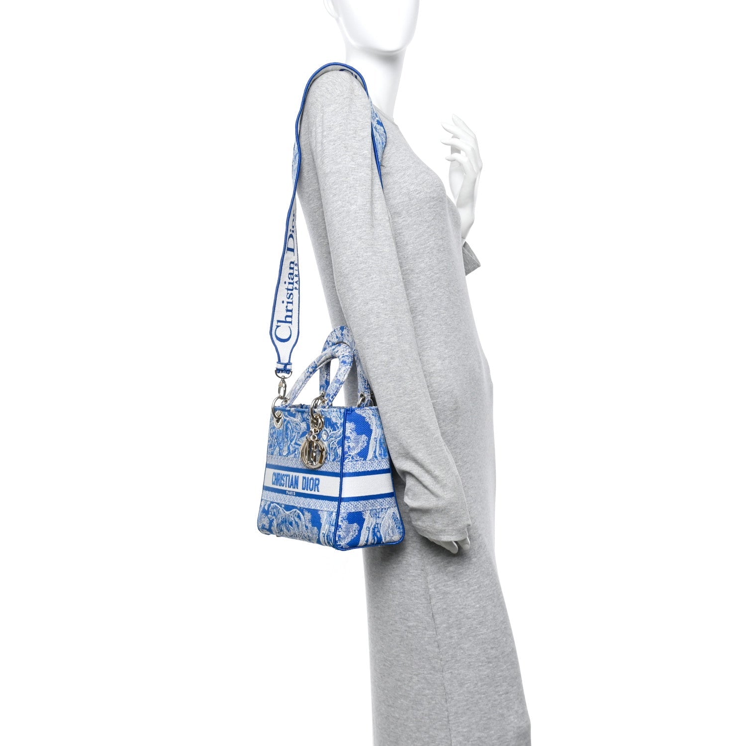 Christian Dior Canvas Toile De Jouy Reverse Embroidered Medium Lady D-Lite Fluorescent Blue