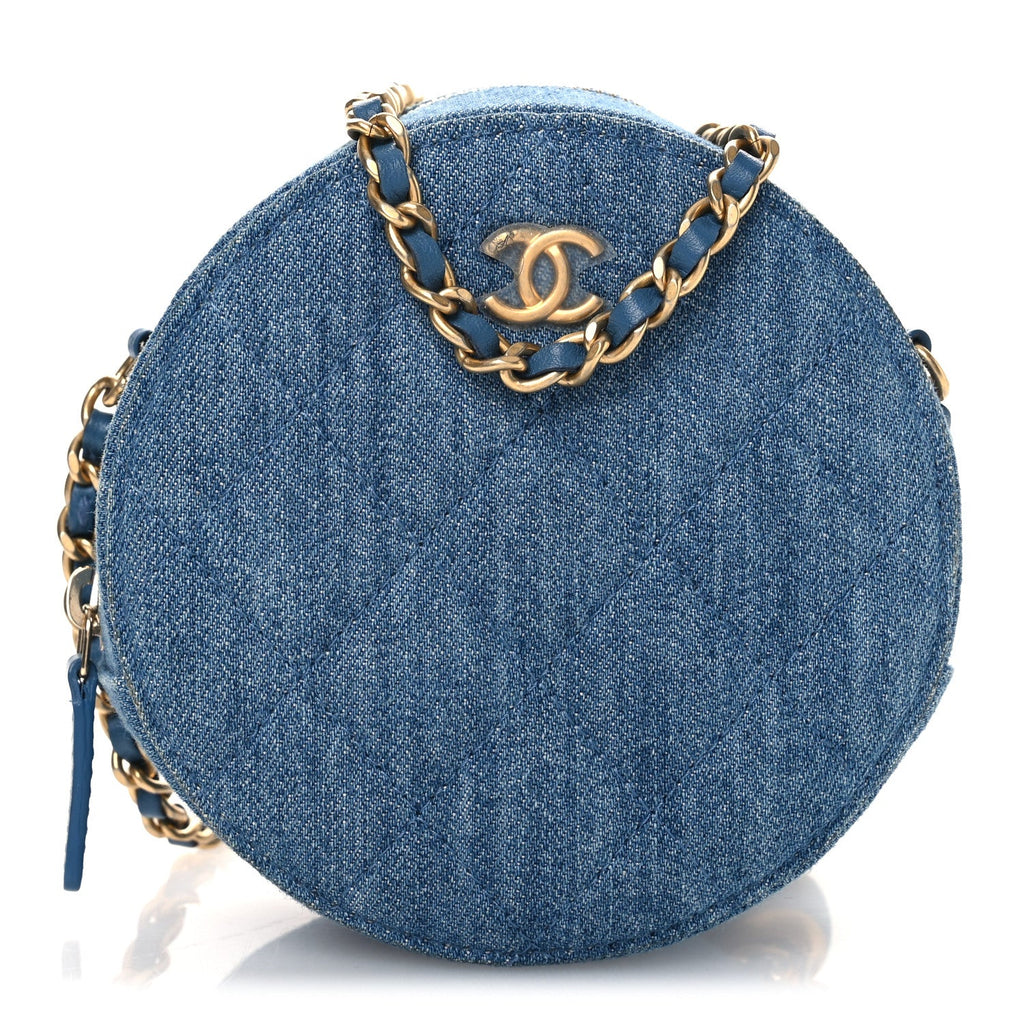 Chanel Denim Quilted Round Pearl Crush Clutch With Chain Blue