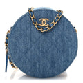 Chanel Denim Quilted Round Pearl Crush Clutch With Chain Blue