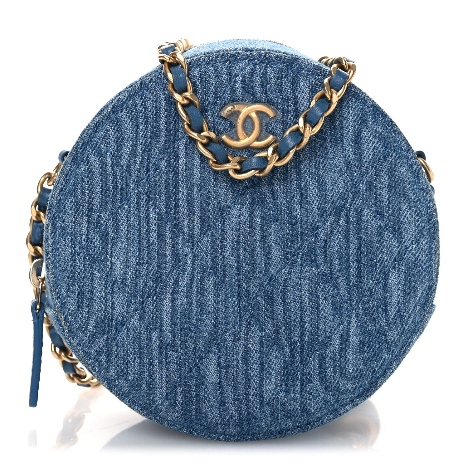 Chanel Denim Quilted Round Pearl Crush Clutch With Chain Blue
