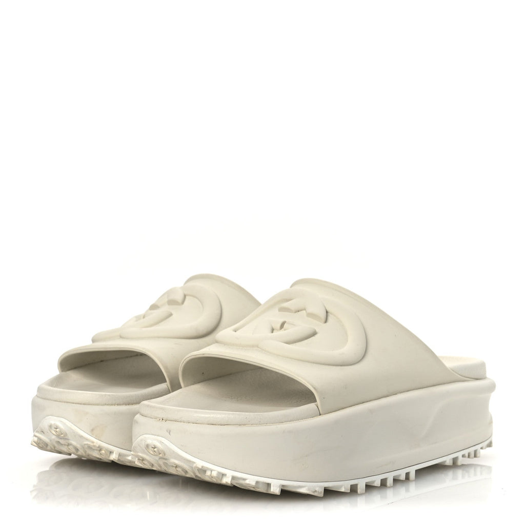 Gucci Soft Rubber Womens Interlocking G Platform 42mm Slide Sandals 40 Off White