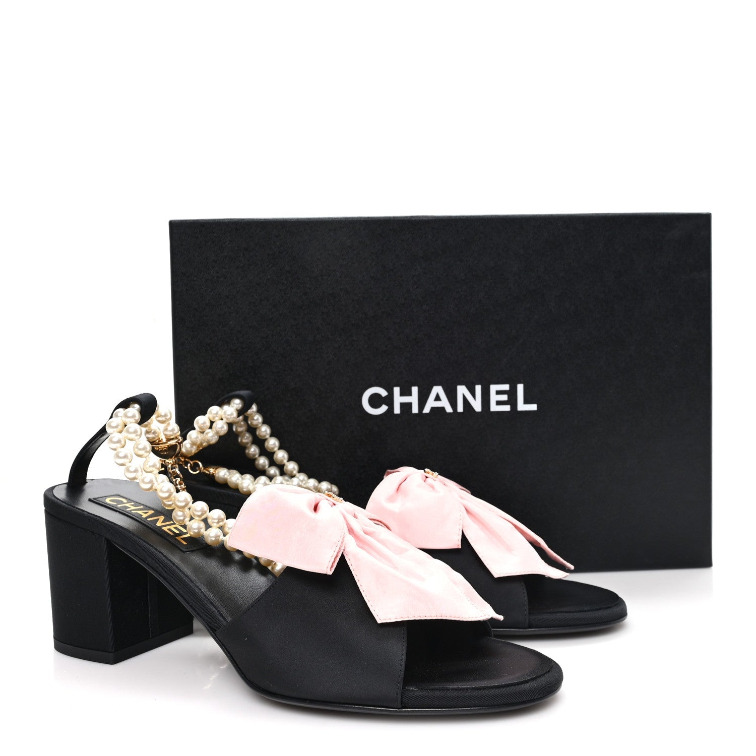 Chanel Silk Pearl Bow CC Ankle Strap Sandals 39.5 Pink Black