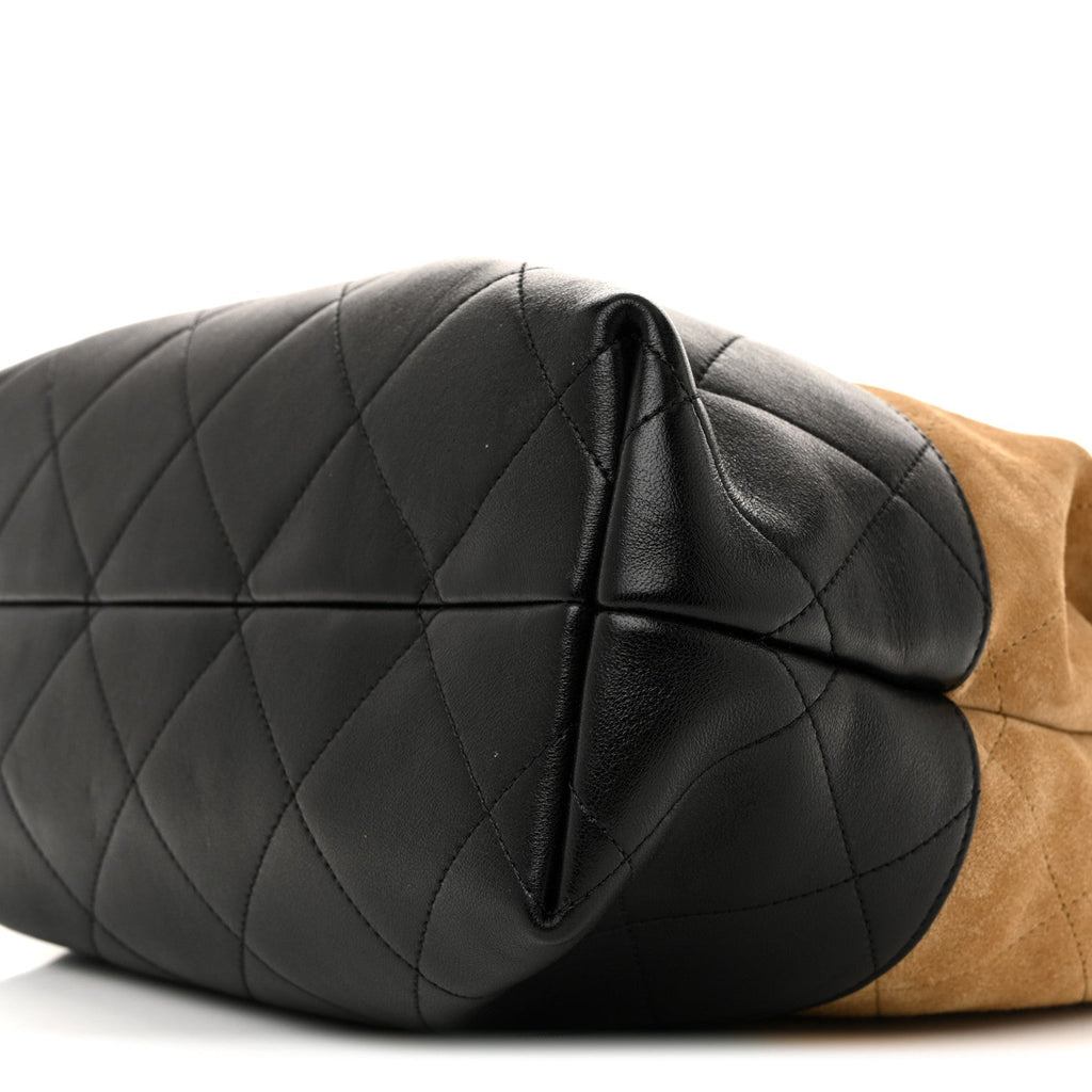 Chanel Suede Calfskin Shiny Lambskin Quilted Coco Base Shopping Bag Beige Black