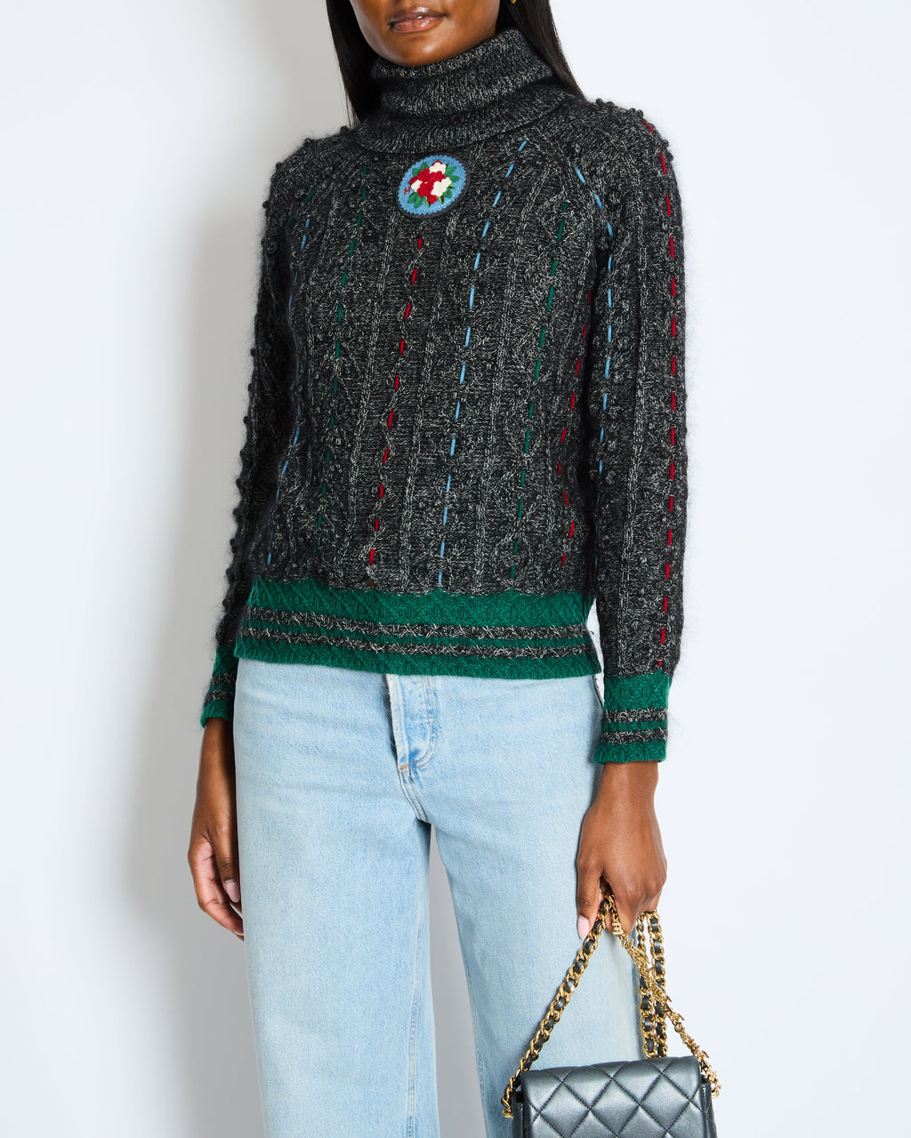 Chanel Grey Cable-Knit Cashmere Jumper with Embroidered Details and Floral Pin Size FR 36 (UK 8)