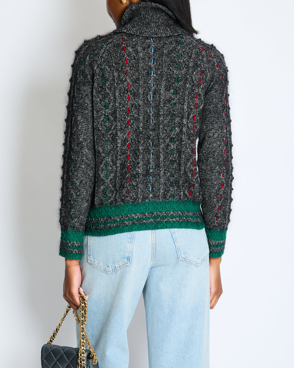 Chanel Grey Cable-Knit Cashmere Jumper with Embroidered Details and Floral Pin Size FR 36 (UK 8)