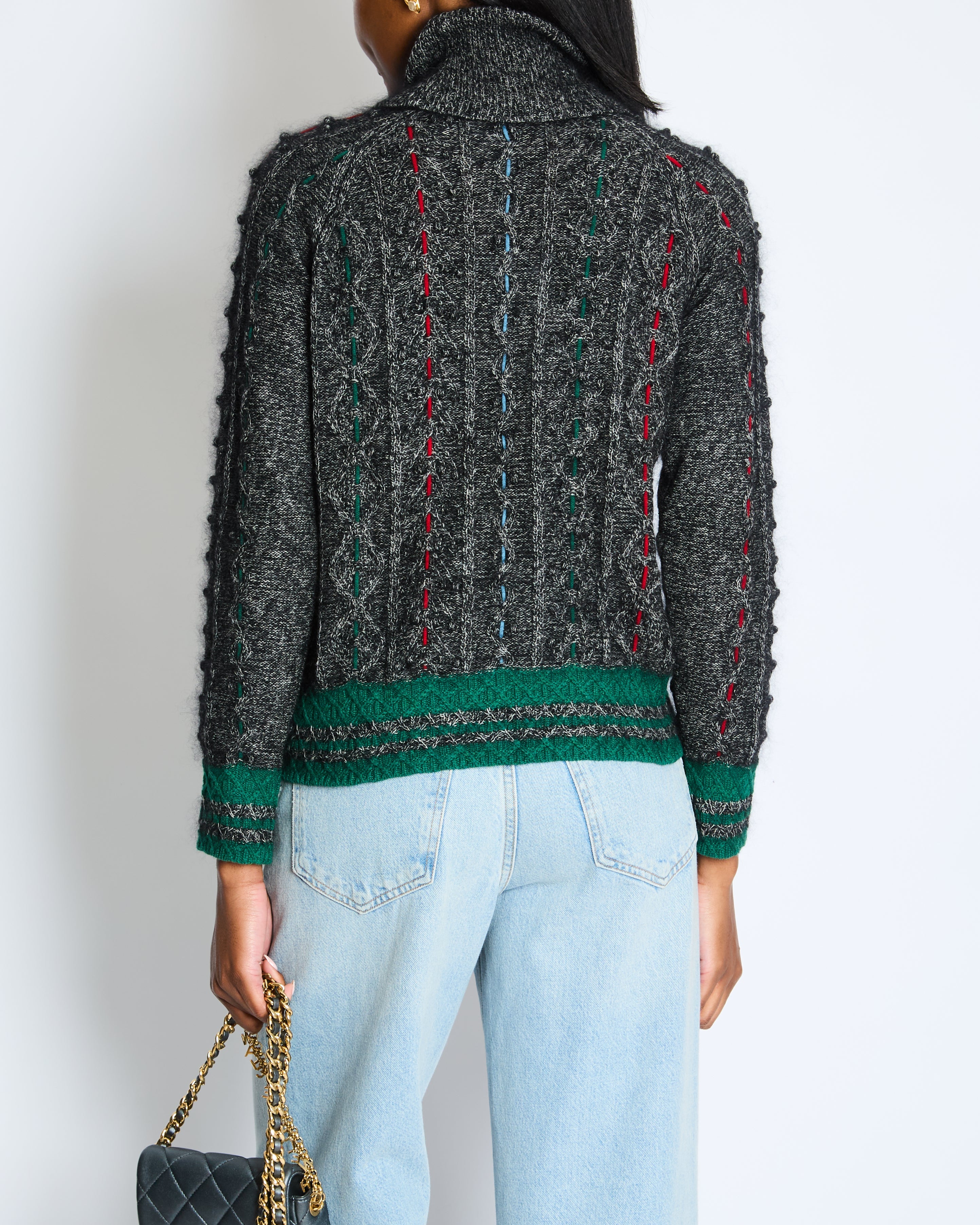 Chanel Grey Cable-Knit Cashmere Jumper with Embroidered Details and Floral Pin Size FR 36 (UK 8)