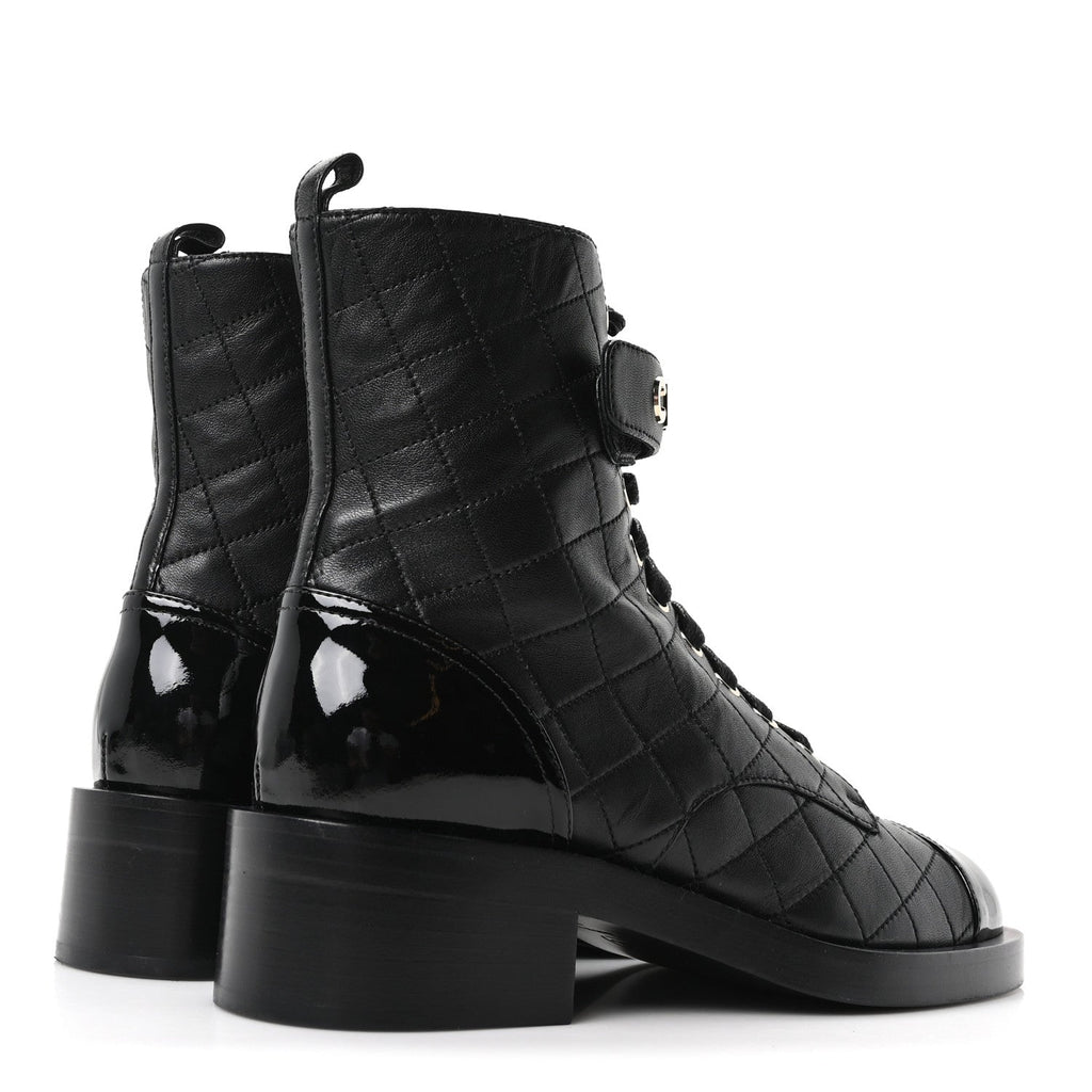 Lambskin Patent Calfskin Quilted Logo Lace Up Combat Boots 39.5 Black