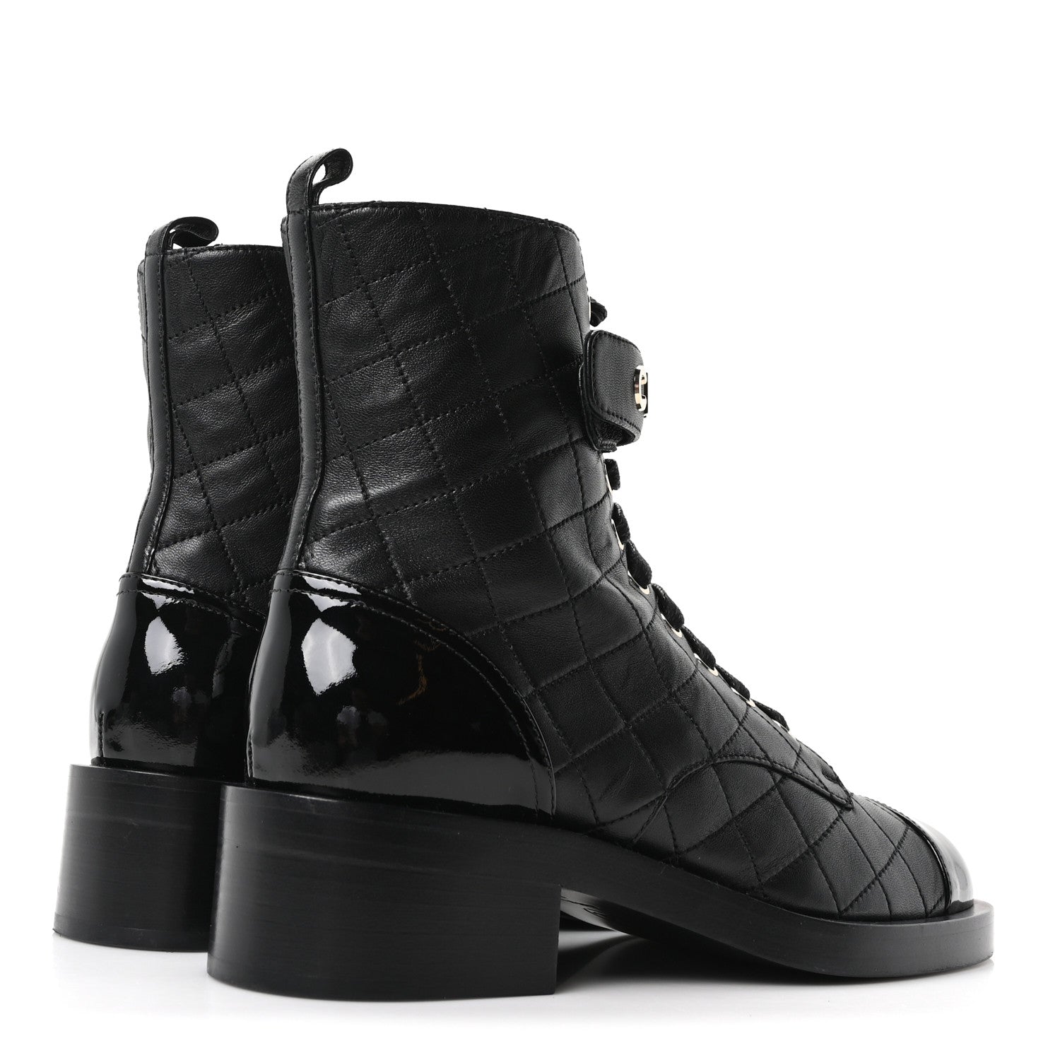 Lambskin Patent Calfskin Quilted Logo Lace Up Combat Boots 39.5 Black