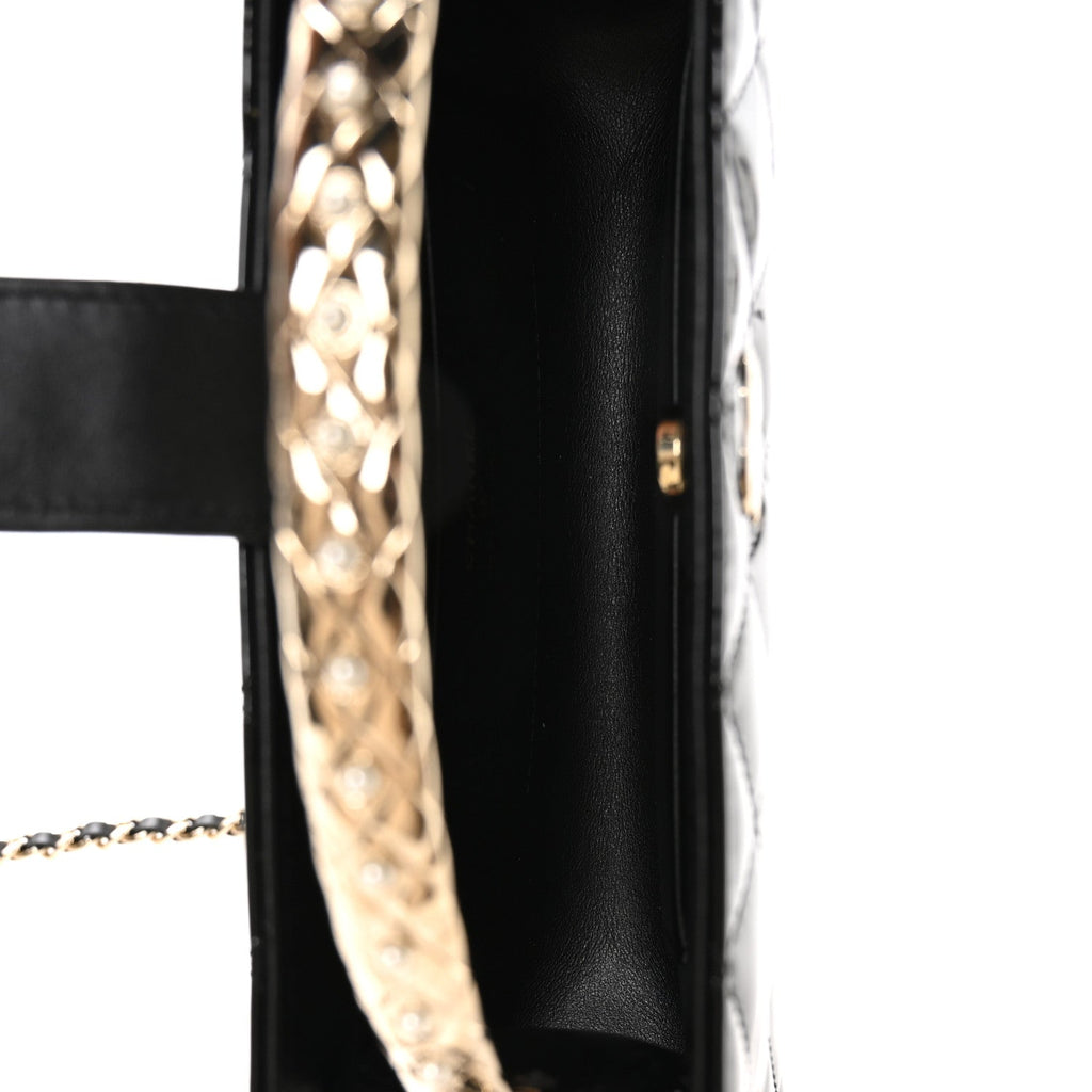 Chanel Patent Calfskin Quilted Pearl Clutch With Chain Black