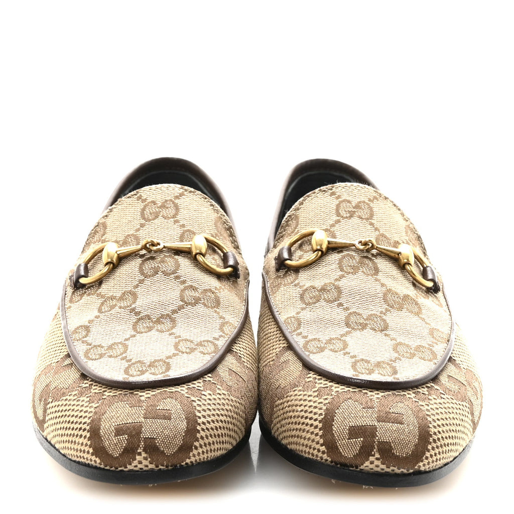 Gucci Monogram Jumbo GG Malaga Kid Horsebit Womens Jordaan Loafers 36.5 Camel Ebony New Acero Beige