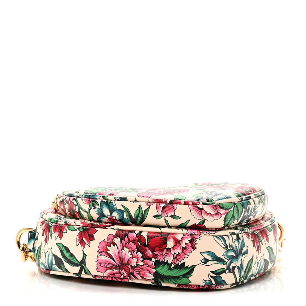 Gucci Calfskin Matelasse Diagonal Brit Roses Print Mini Interlocking G Heart Shoulder Bag  White Multicolor