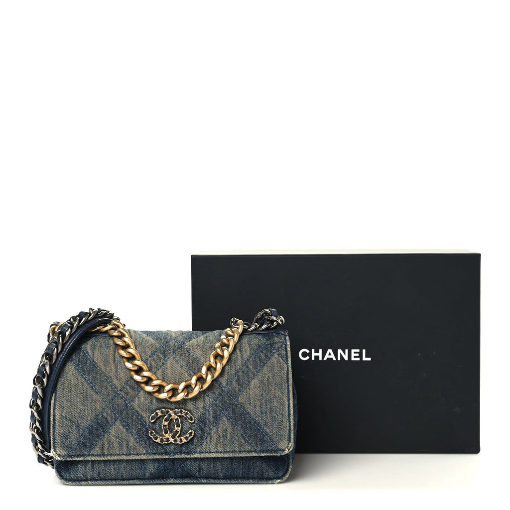 Chanel Denim Quilted Chanel 19 Wallet On Chain WOC Blue