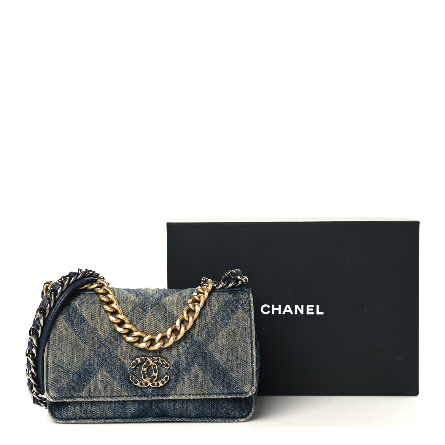 Chanel Denim Quilted Chanel 19 Wallet On Chain WOC Blue