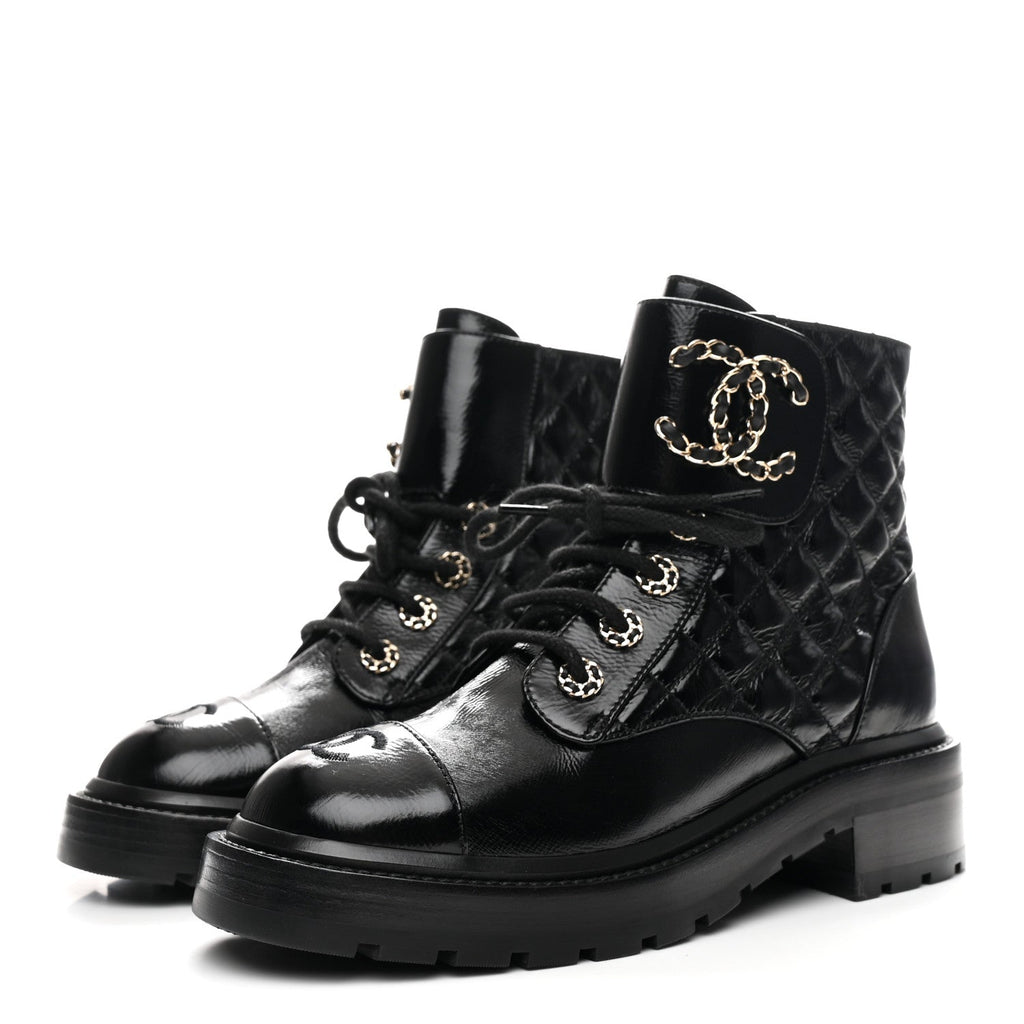 Chanel Shiny Calfskin Quilted Lace Up Combat Boots 36.5 Black