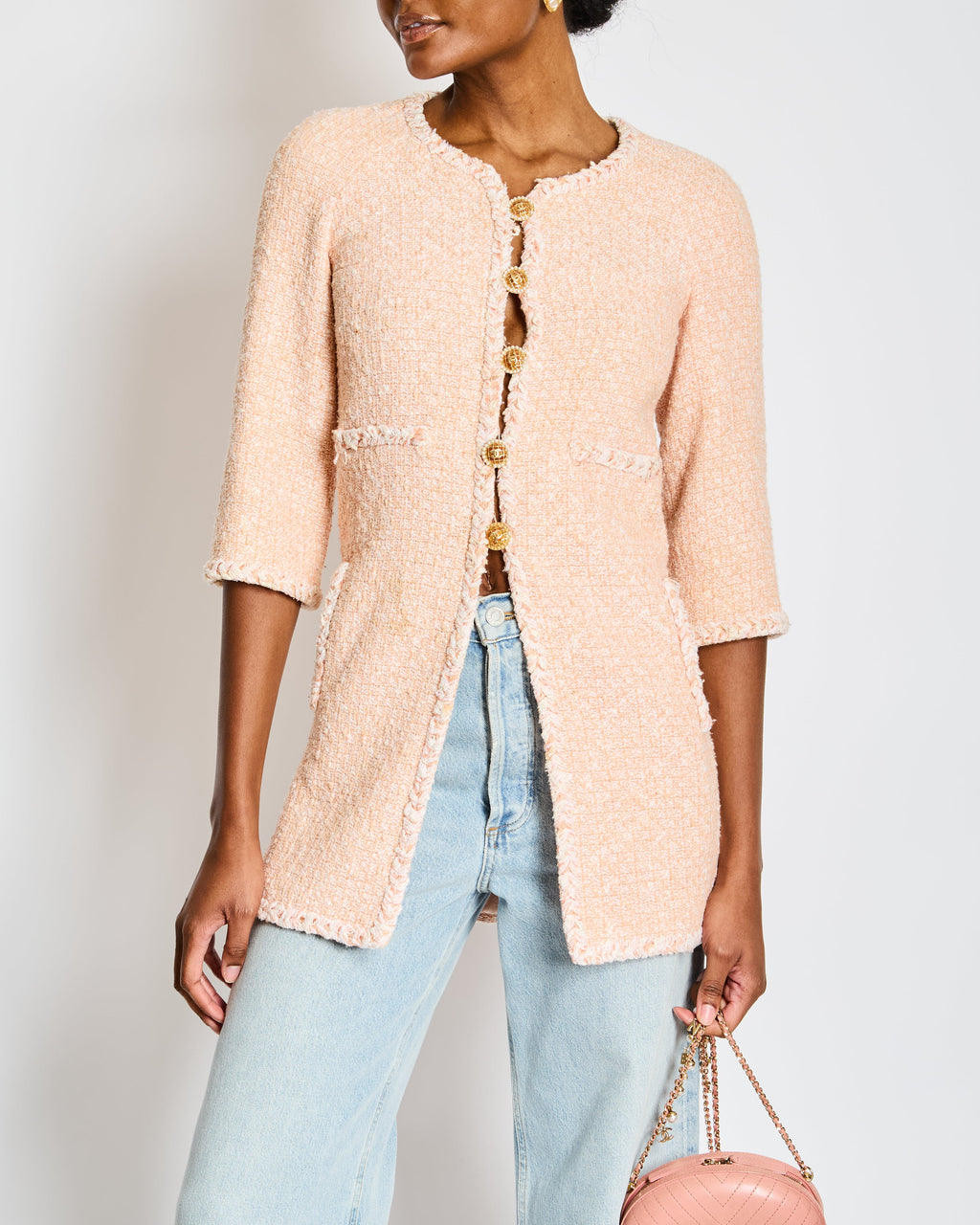 Chanel 07/P Pink and White Tweed Embellished Buttons Jacket with Pockets Size FR 34 (UK 6)