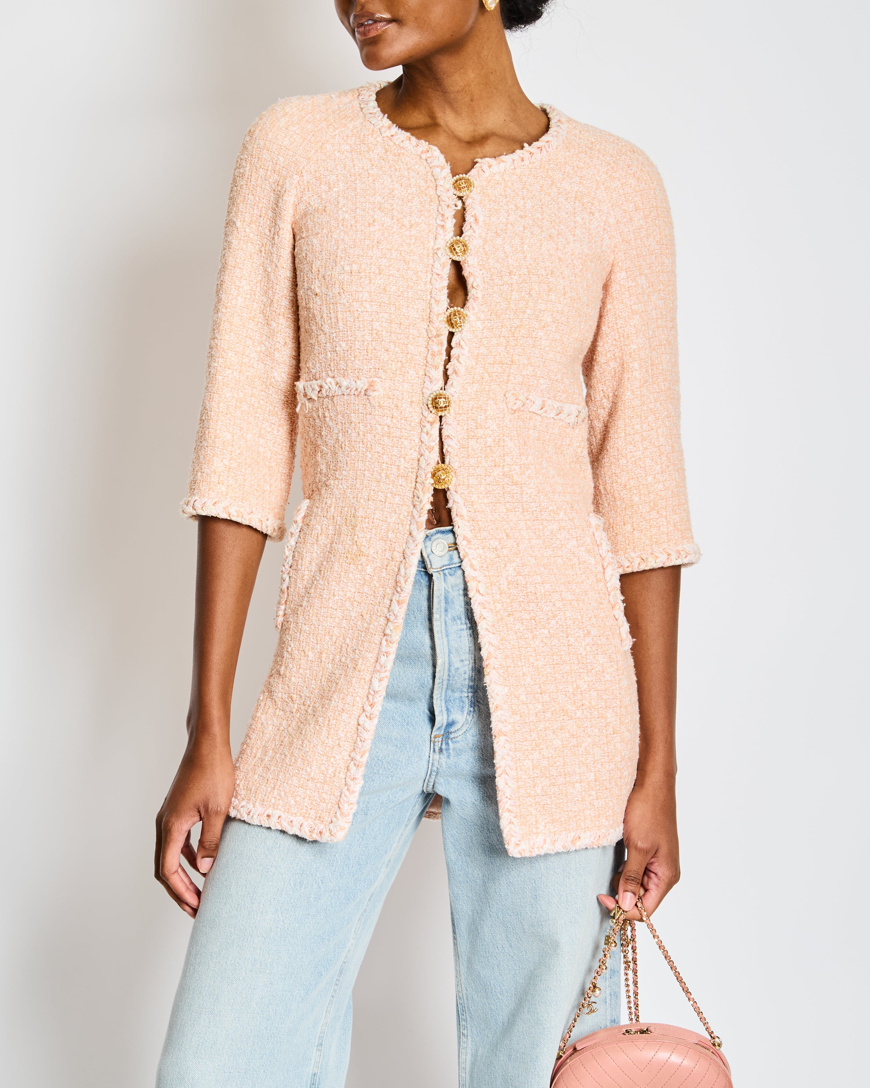 Chanel 07/P Pink and White Tweed Embellished Buttons Jacket with Pockets Size FR 34 (UK 6)
