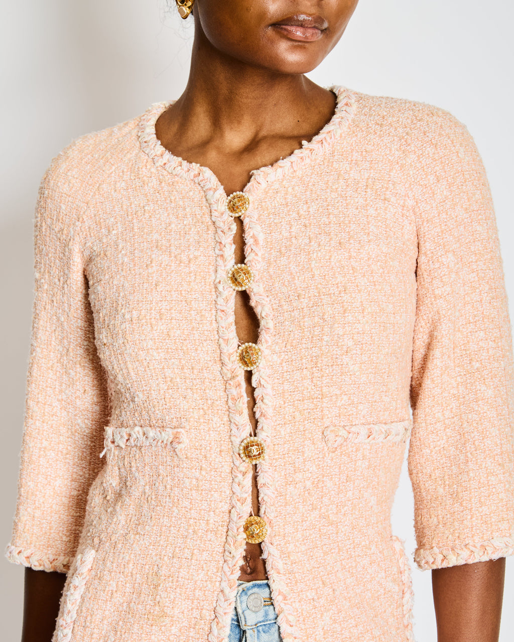 Chanel 07/P Pink and White Tweed Embellished Buttons Jacket with Pockets Size FR 34 (UK 6)