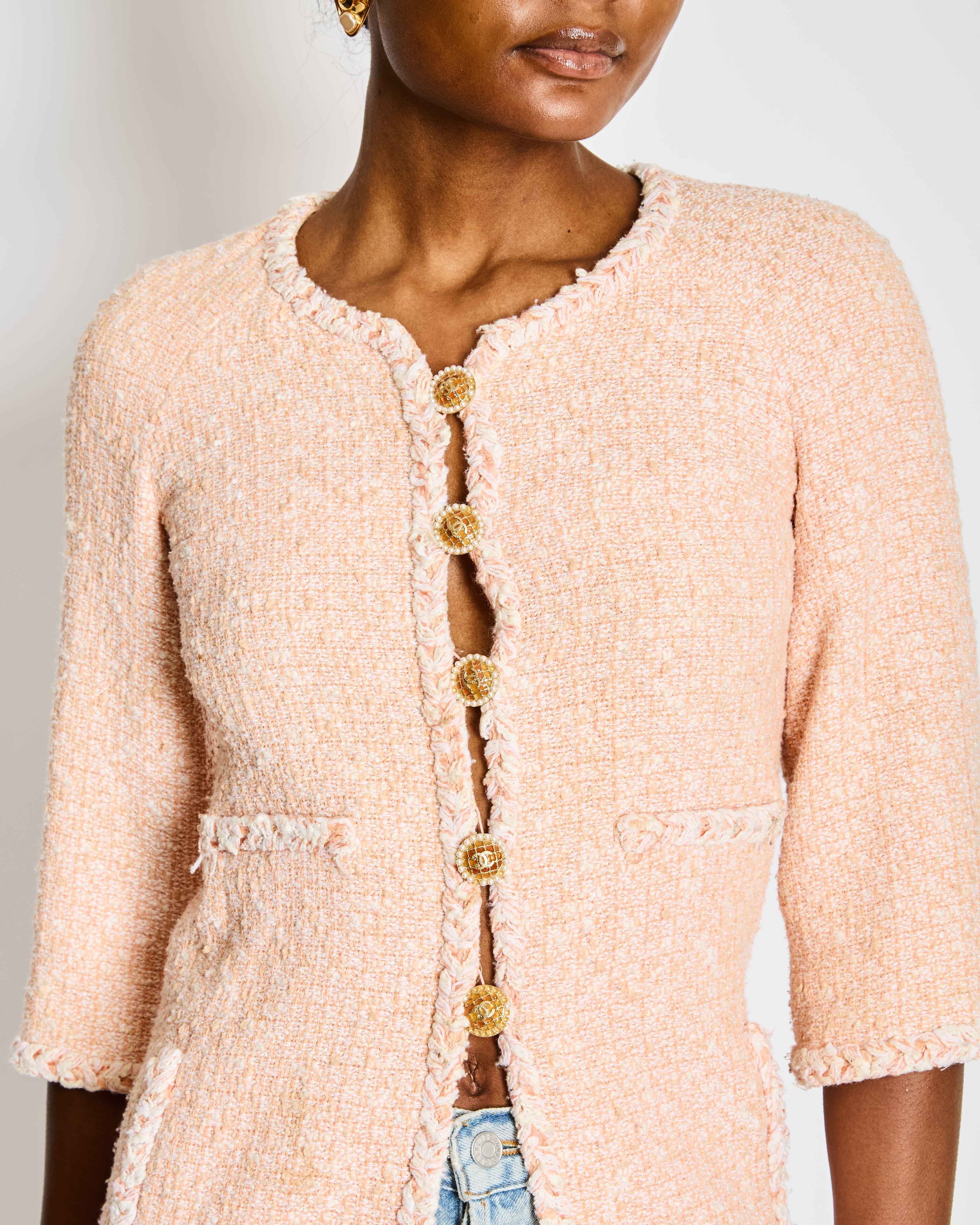 Chanel 07/P Pink and White Tweed Embellished Buttons Jacket with Pockets Size FR 34 (UK 6)