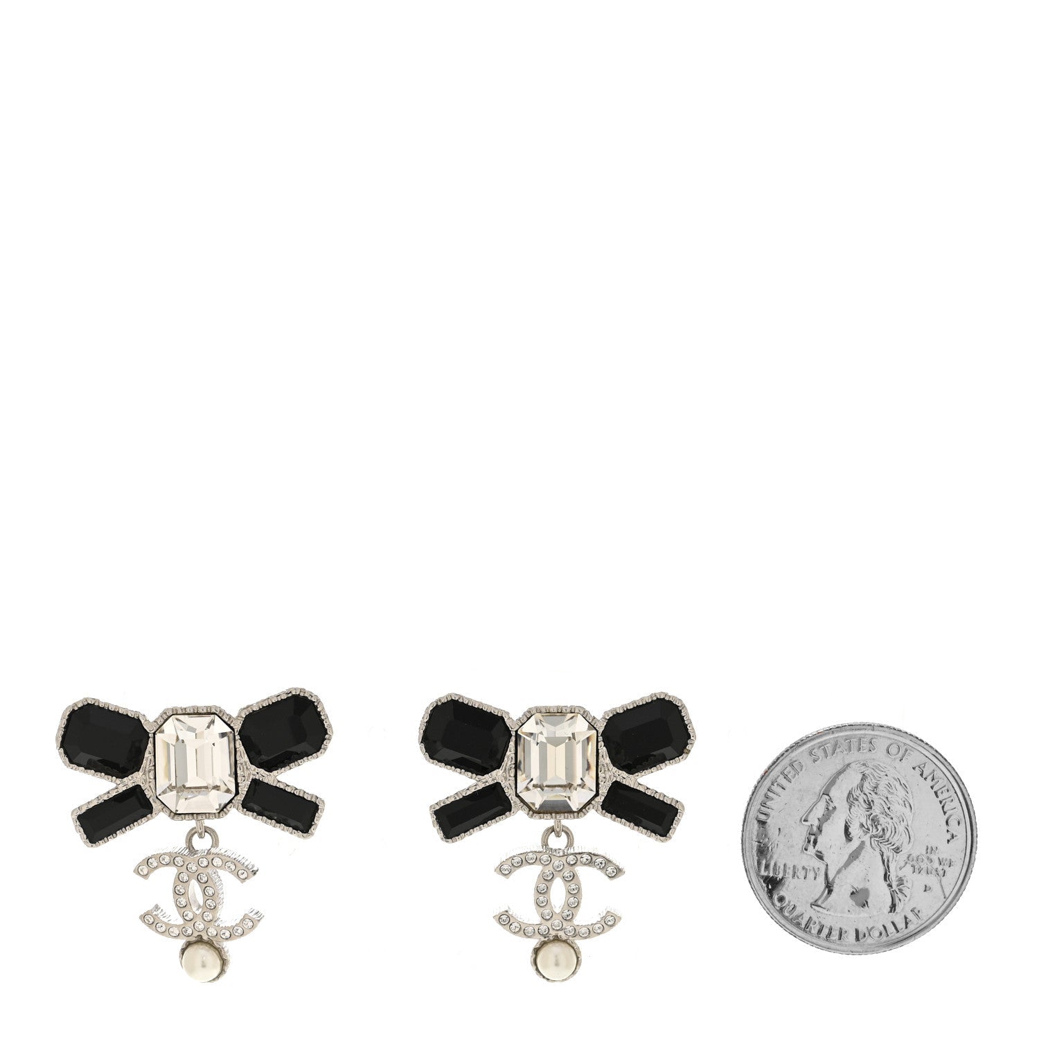 Crystal CC Bow Drop Earrings Silver Black