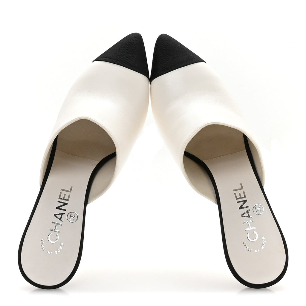 Lambskin Grosgrain Cap Toe Pearl Mule 38 Beige Black