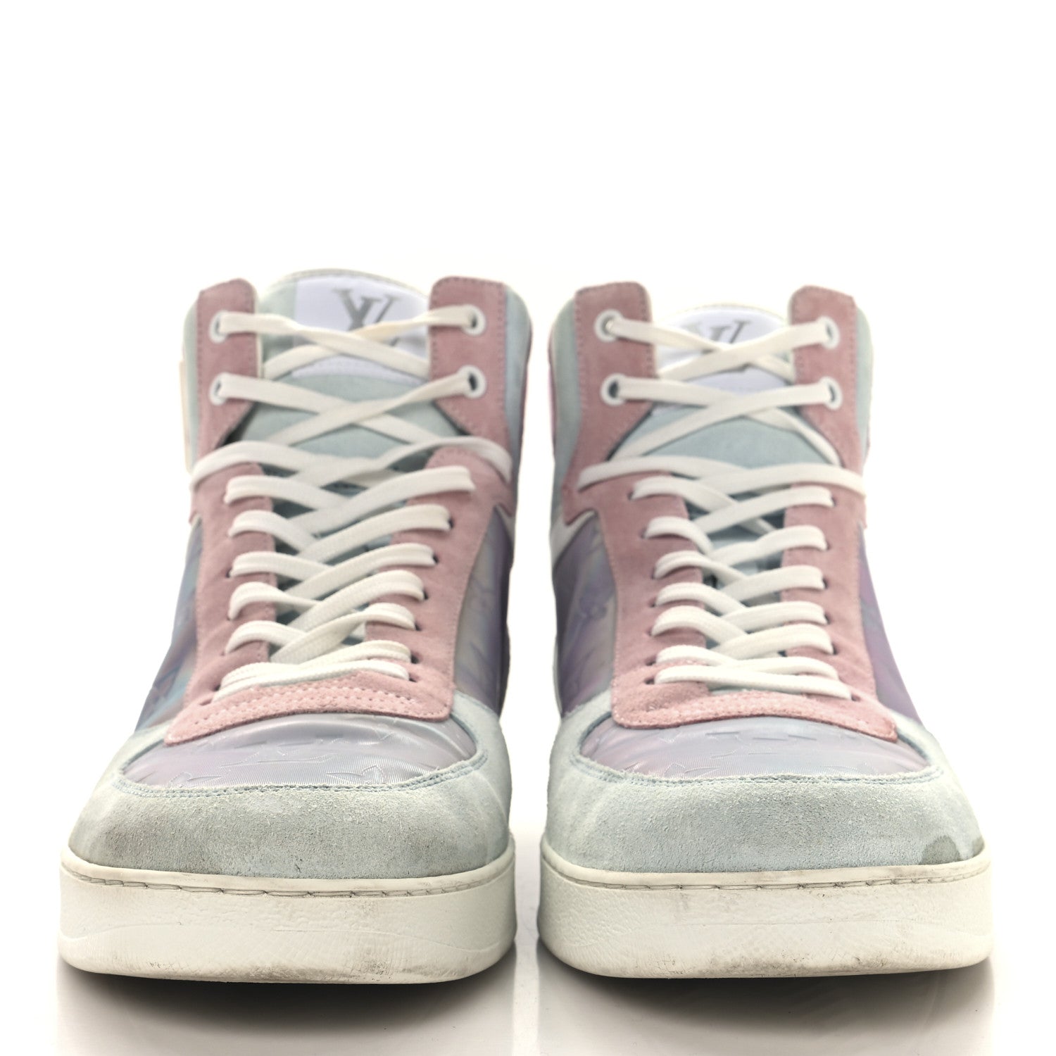 Louis Vuitton Calfskin Suede Monogram Mens Rivoli High Top Sneakers 10 White Multicolor