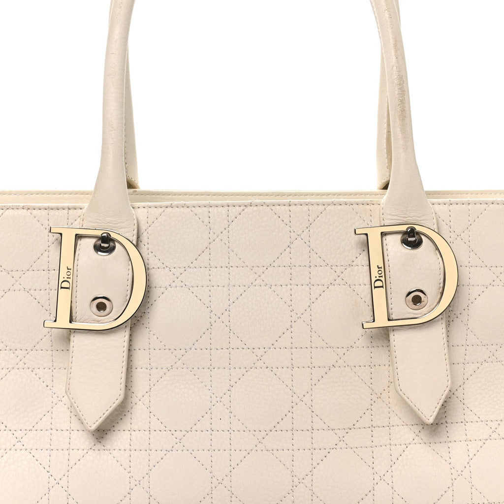Christian Dior Calfskin Cannage D Buckle East West Tote White