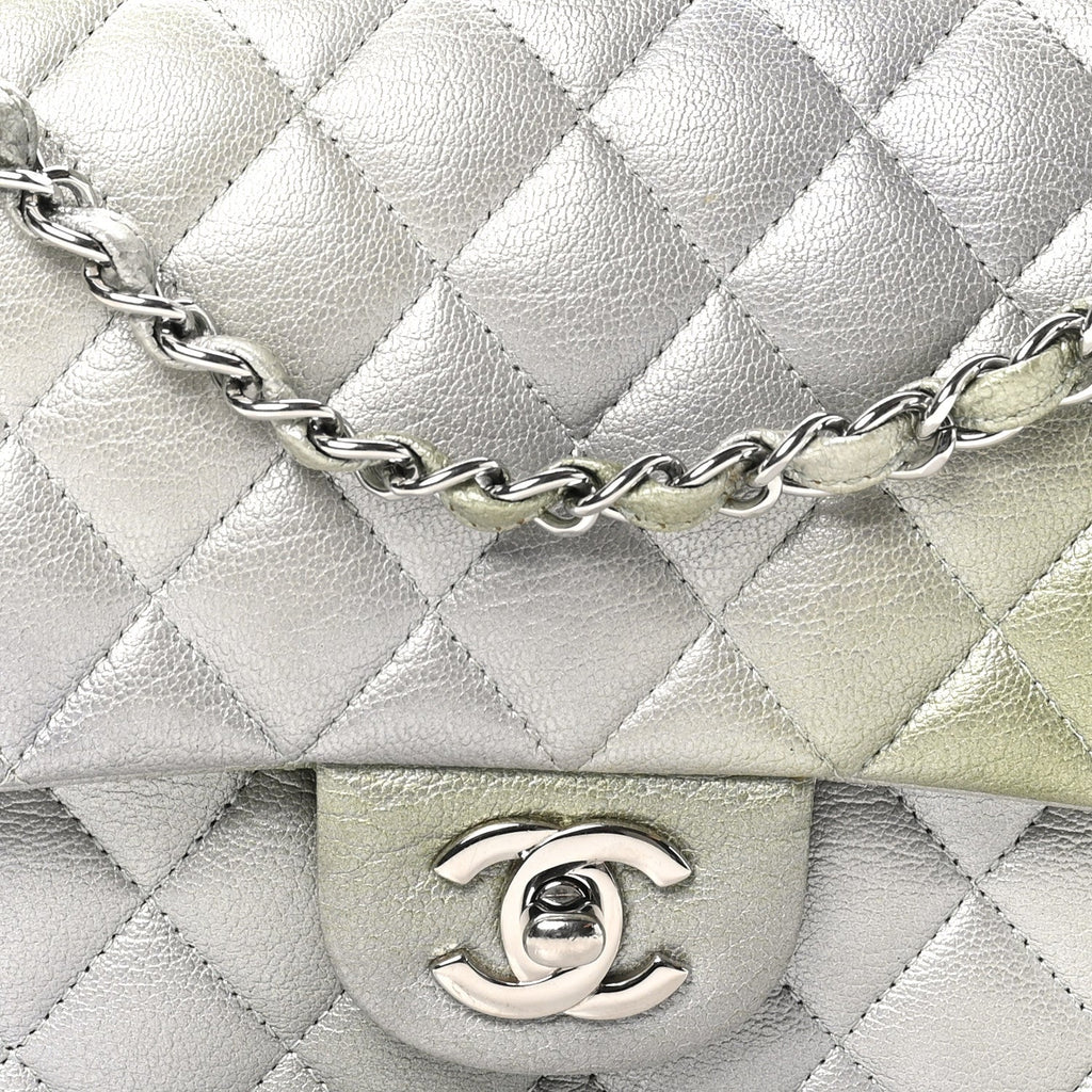 Chanel Metallic Goatskin Quilted Ombre Medium Double Flap Grey Green
