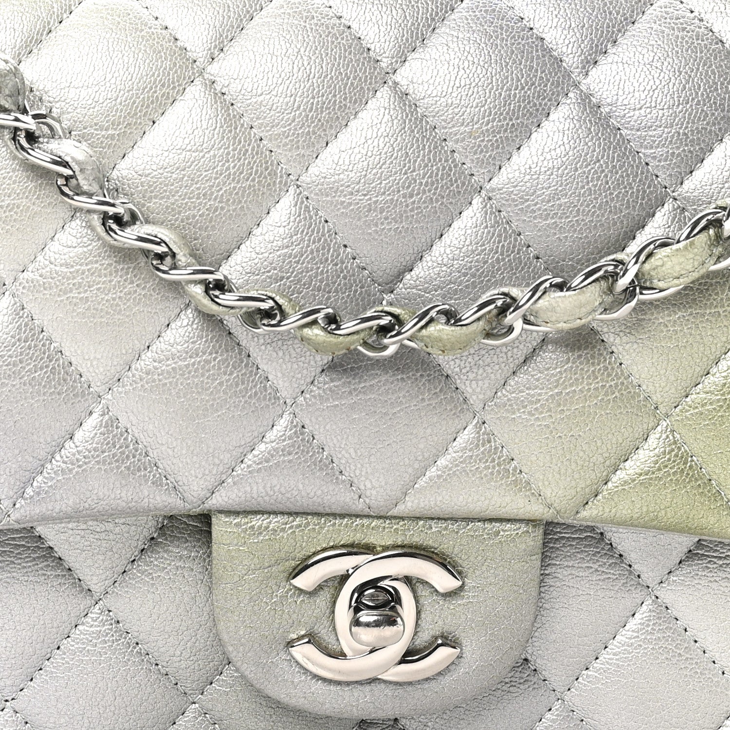 Chanel Metallic Goatskin Quilted Ombre Medium Double Flap Grey Green