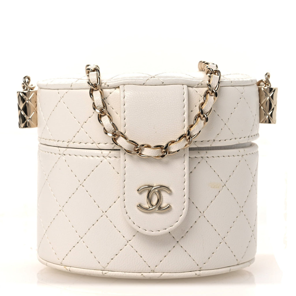 Chanel Lambskin Quilted Round Mini Vanity Case With Chain Case With Chain White