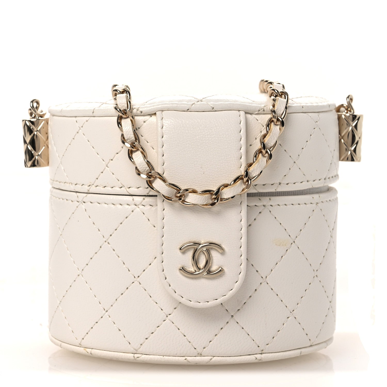 Chanel Lambskin Quilted Round Mini Vanity Case With Chain Case With Chain White