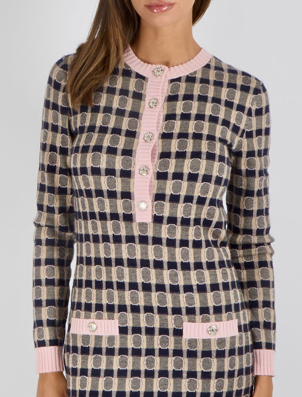 Chanel 21K Beige, Navy and Pink Cashmere Blend Mini Dress with Gold and Crystal CC Logo Buttons Size FR 36 (UK 8)