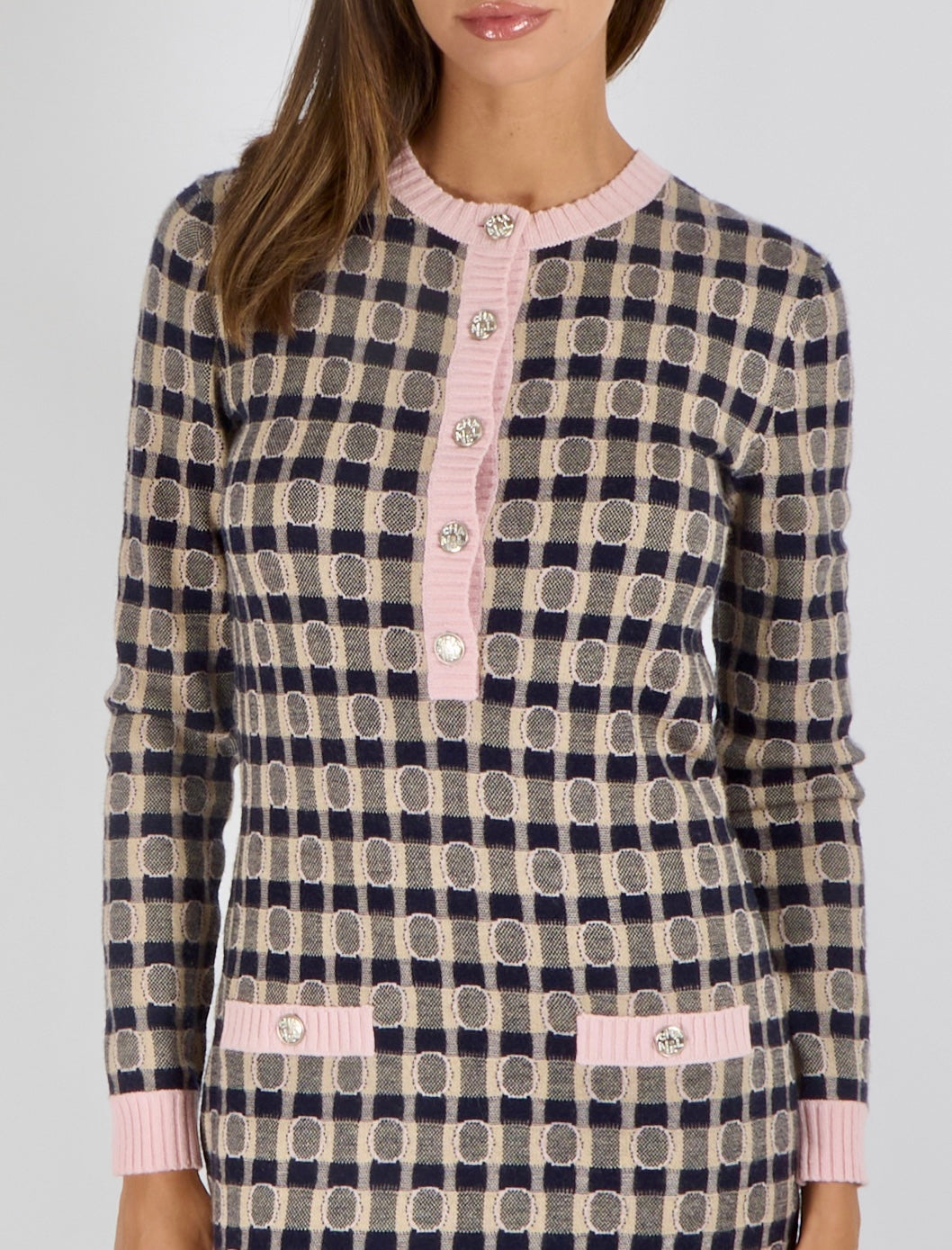 Chanel 21K Beige, Navy and Pink Cashmere Blend Mini Dress with Gold and Crystal CC Logo Buttons Size FR 36 (UK 8)