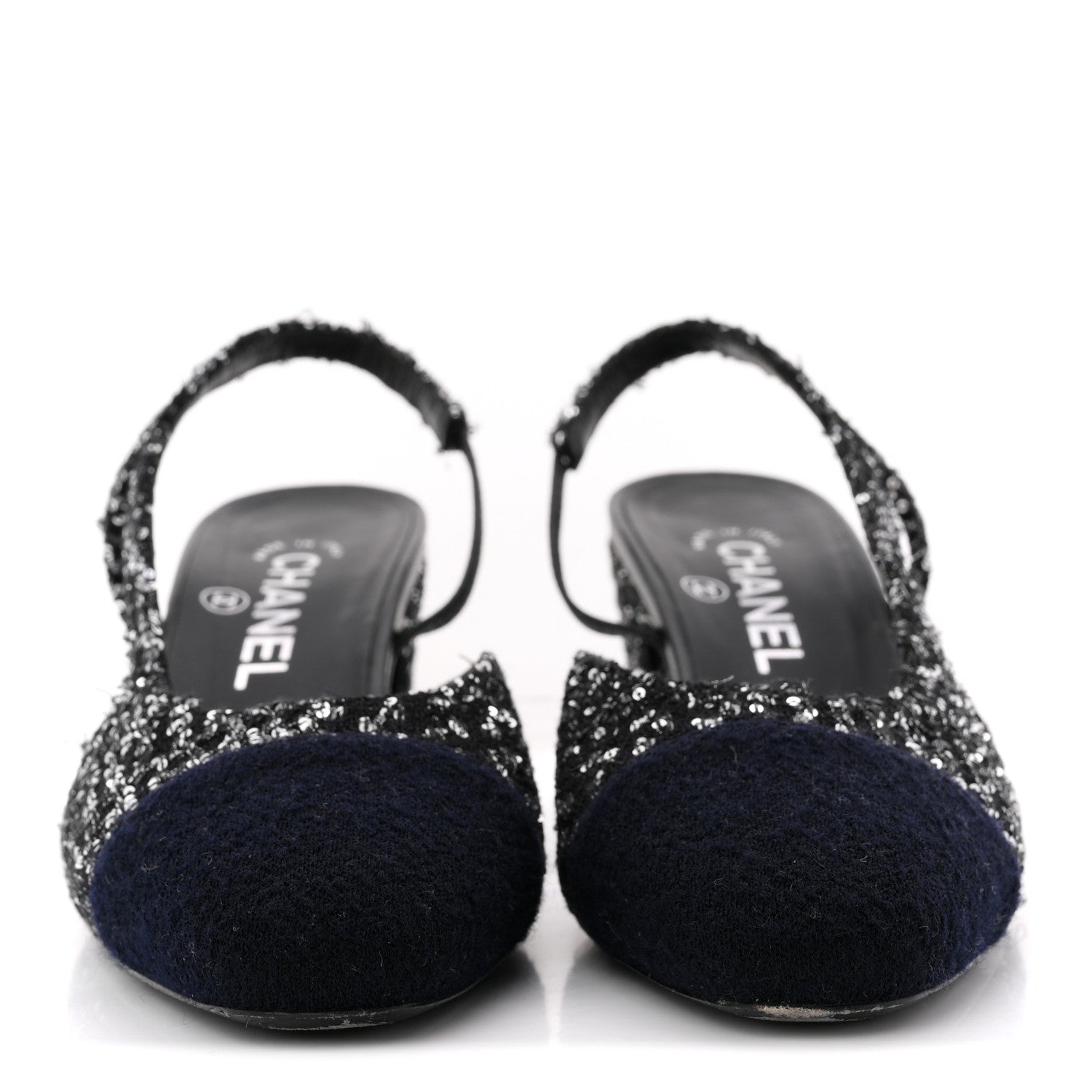 Chanel Tweed Sequin Cap Toe CC Slingback Pumps 38 Black White Silver