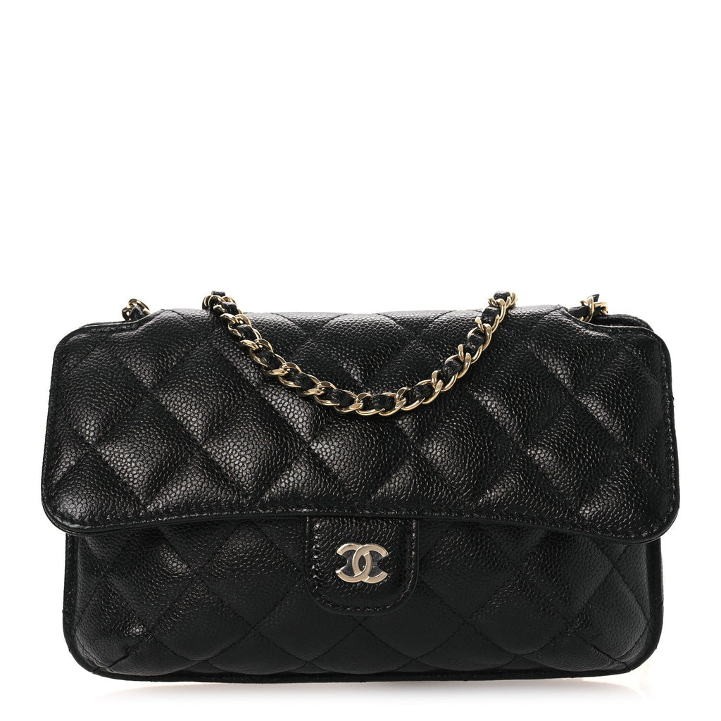 Chanel Caviar Fabric Foldable Tote Bag With Chain Black Multicolor